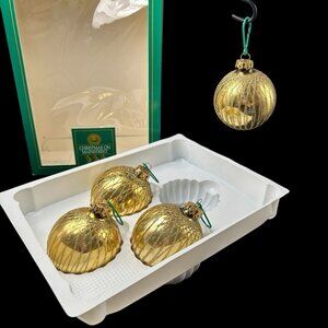 4 Gold Hand Blown Glass & Glitter Round Christmas Ornaments Main Street USA Vtg